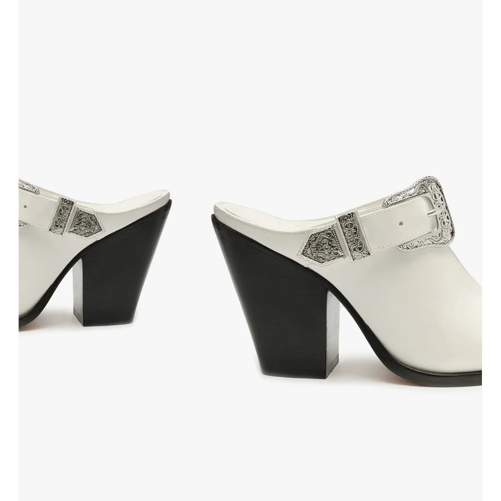 White Real Leather Western Buckle Mule Pump Size 8